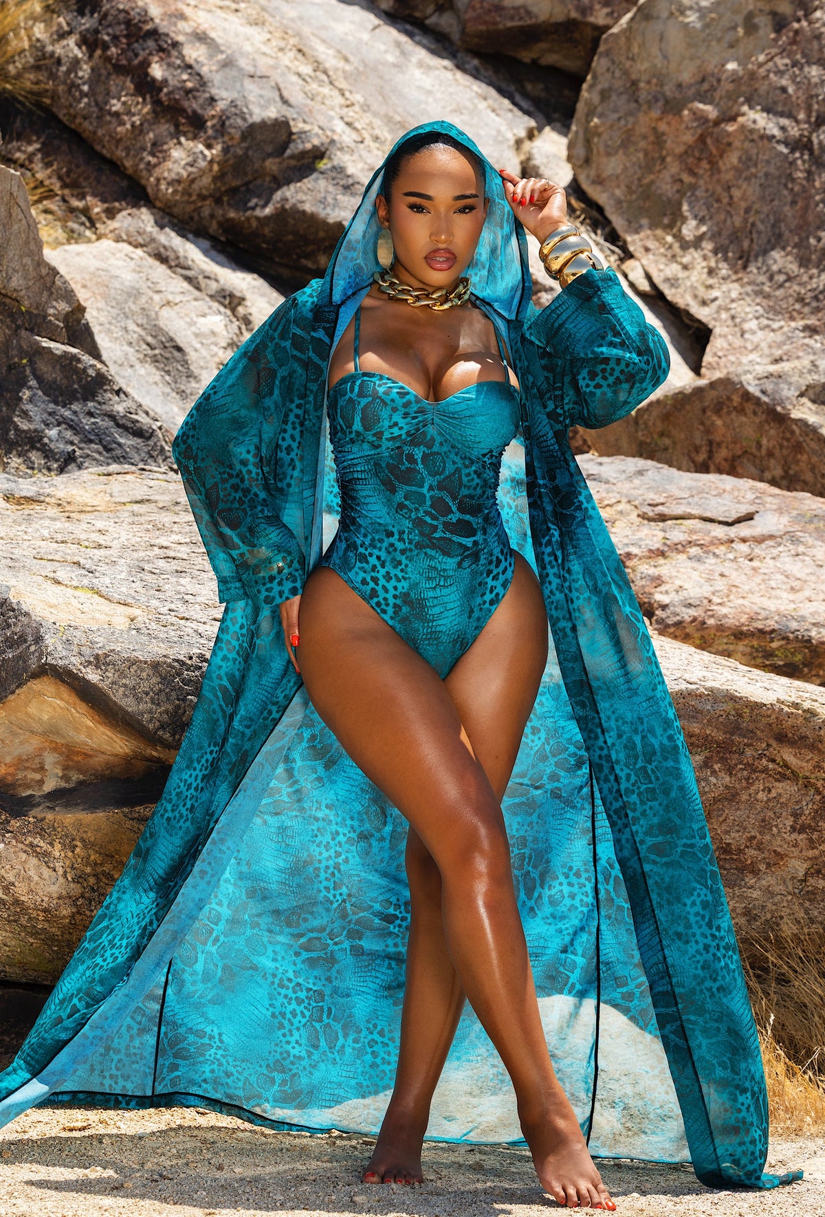 Gaia Hooded Cover Up - Aqua Snake